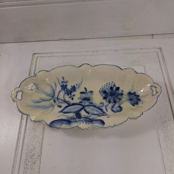 Vintage Blue and Off White Floral Elongated Plate - Picture 1 of 7